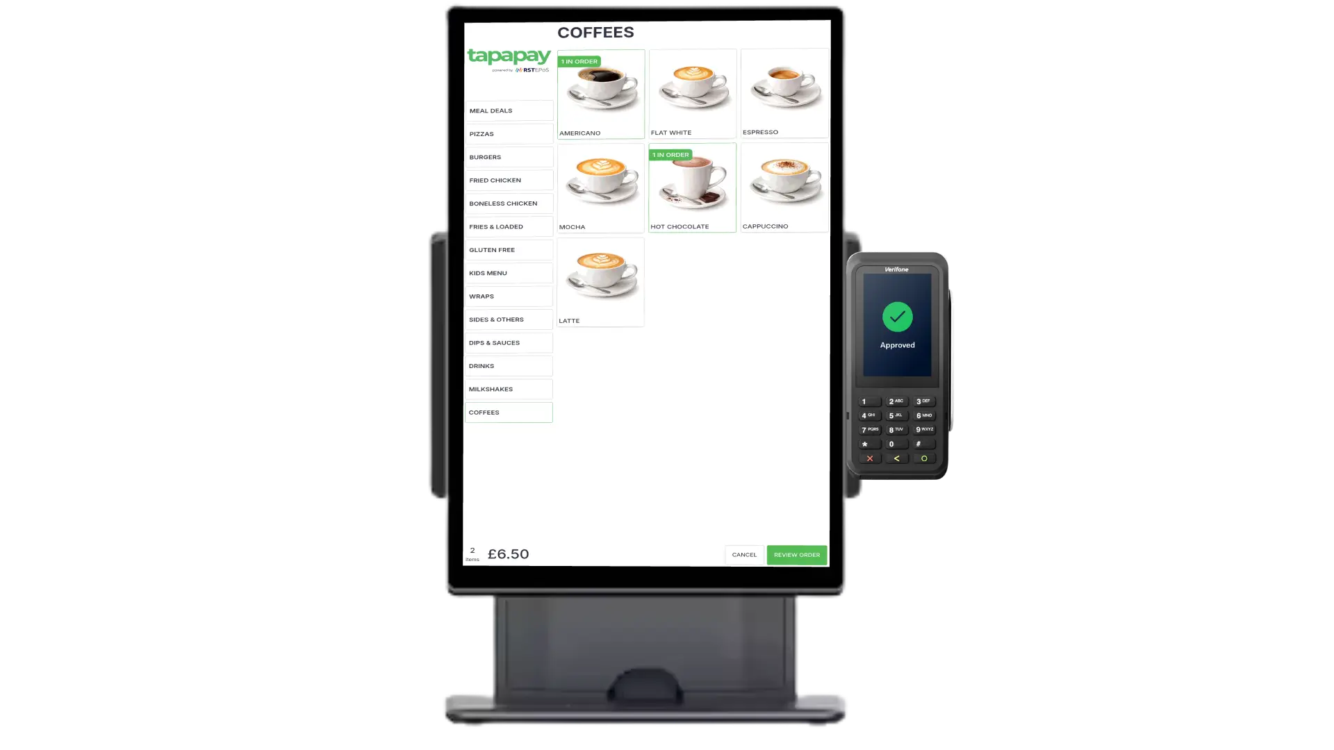 Self-service cafe kiosk ordering screen connected to TapaPOS