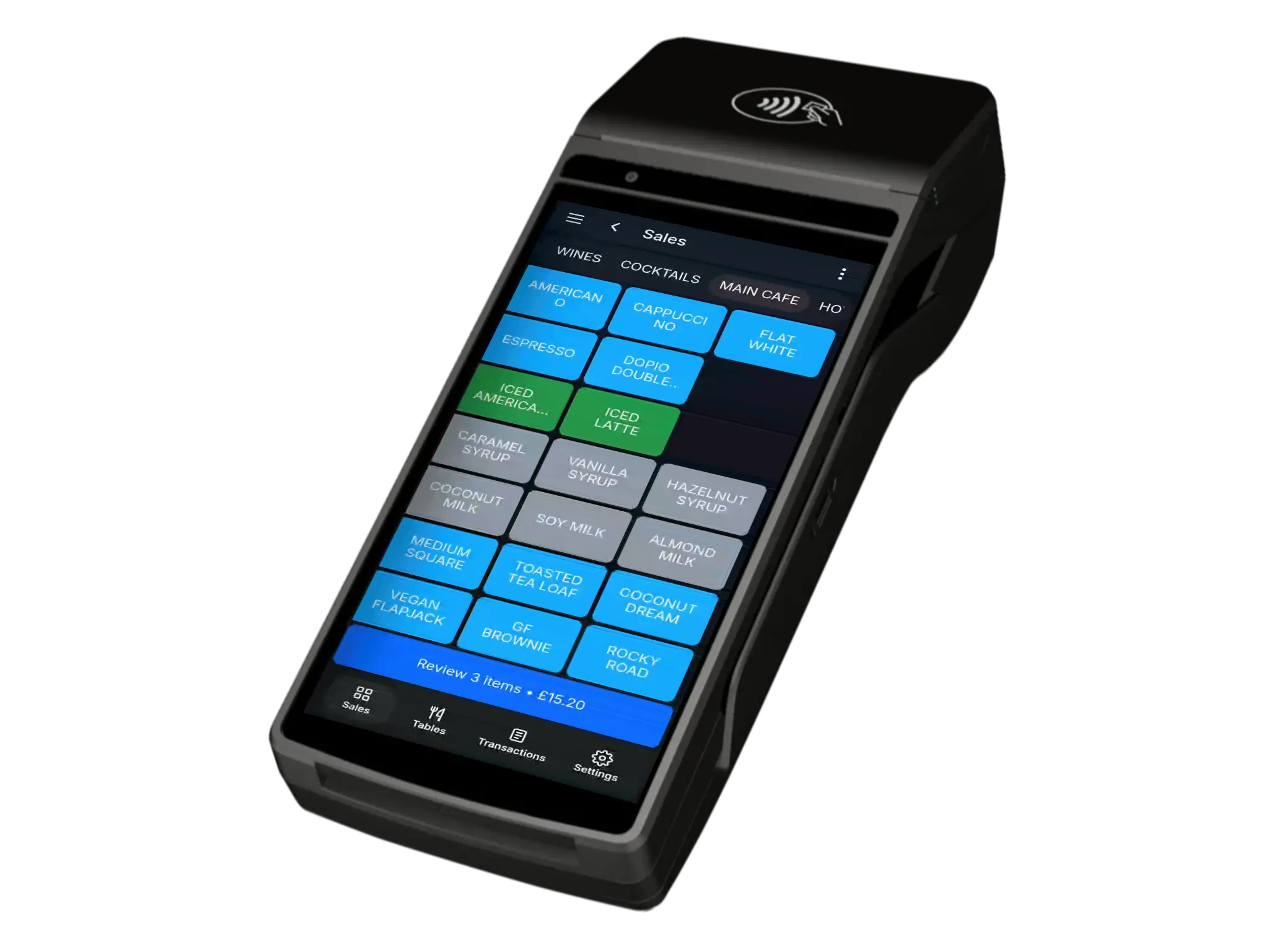 TapaPay handheld cafe ordering screen