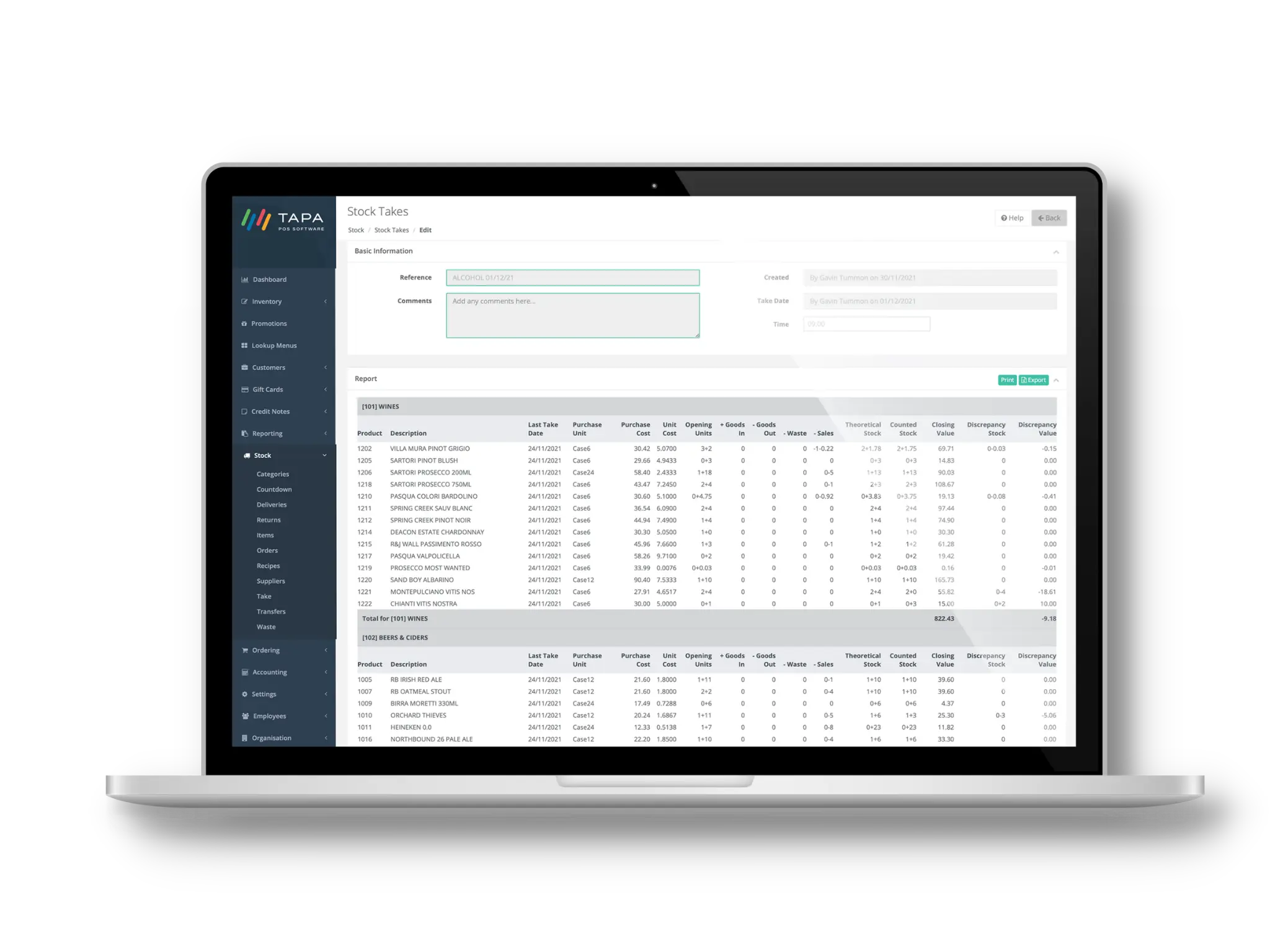 TapaPOS stock control screen