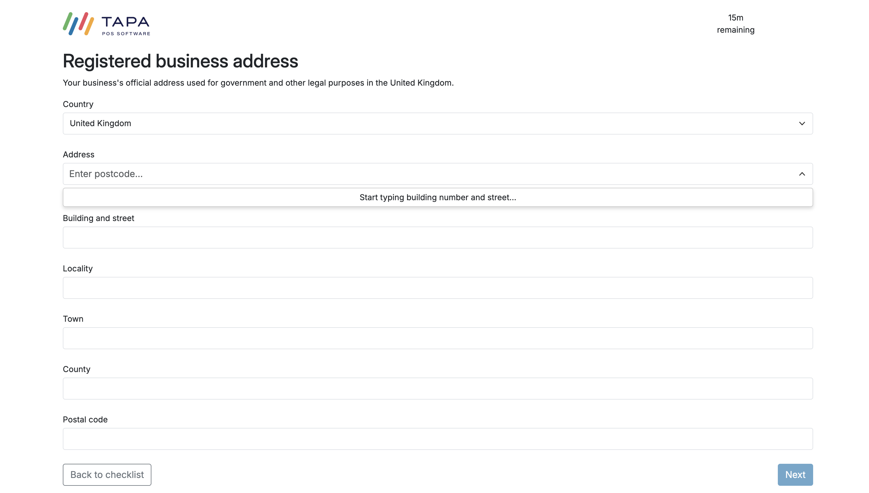 Registered business address screen with postcode lookup and manual address fields.