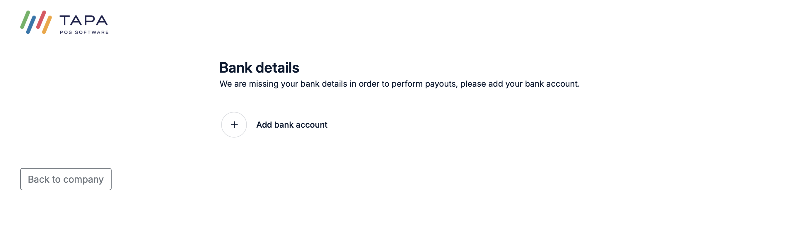 Bank details screen with an Add bank account button.